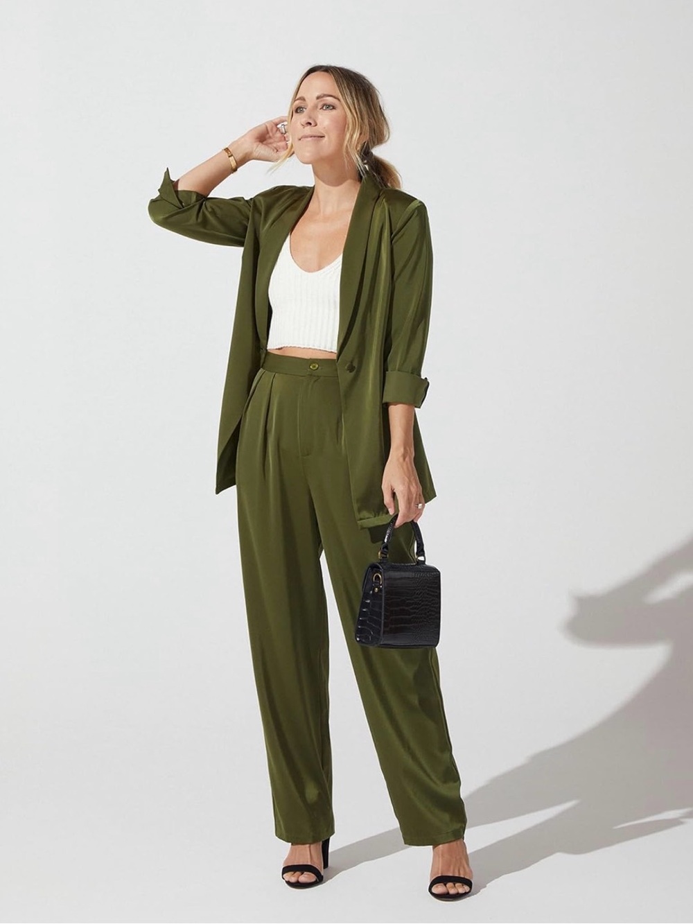 Olive Satin 2-Piece Suit - Blazer and Trousers